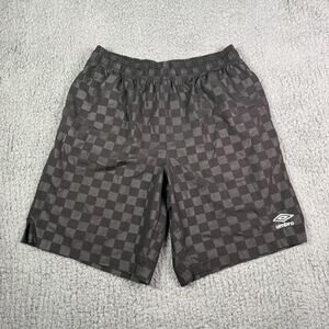 Vintage Umbro Soccer Shorts Mens M Black Checkered 9" Running Shiny Drawstring